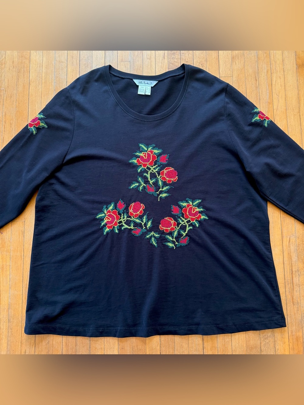 ULLA POPKEN Embroidered Black 100% Cotton Long Sleeve Shirt Women’s 16 18